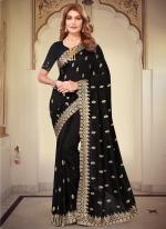 Vichitra Blooming Black Wedding Wear Embroidery Work Saree